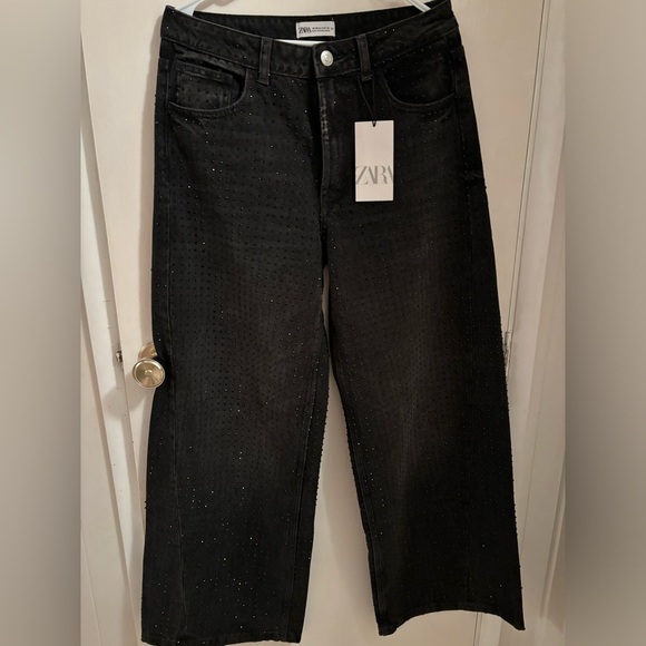 Zara Black Rhinestone Wide-Leg Jeans - Picture 1 of 2